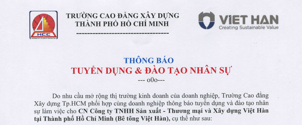 Công ty bê tông Việt Hàn Thông báo tuyển dụng và Đào tạo nhân sự